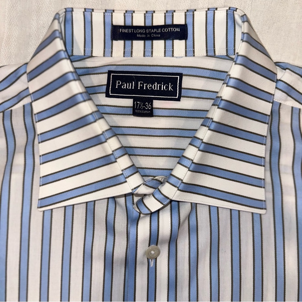 Paul Fredrick Mens French Cuff Dress Shirt Cotton Blue & White Striped 17½-36 - Picture 2 of 7